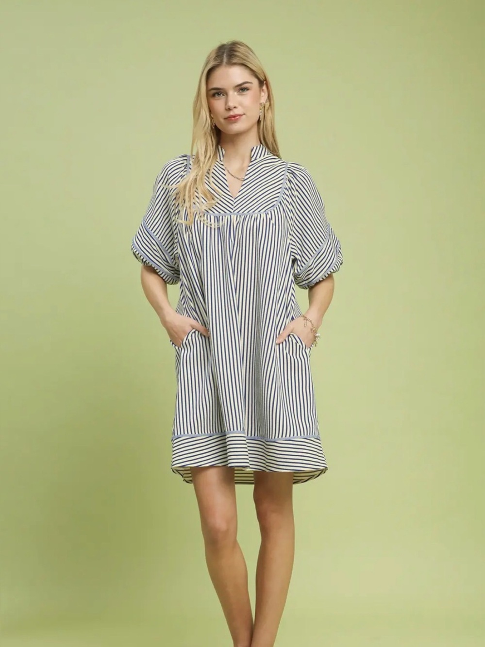 Umgee Striped Puff Sleeve Shift Dress - Picture 5 of 6